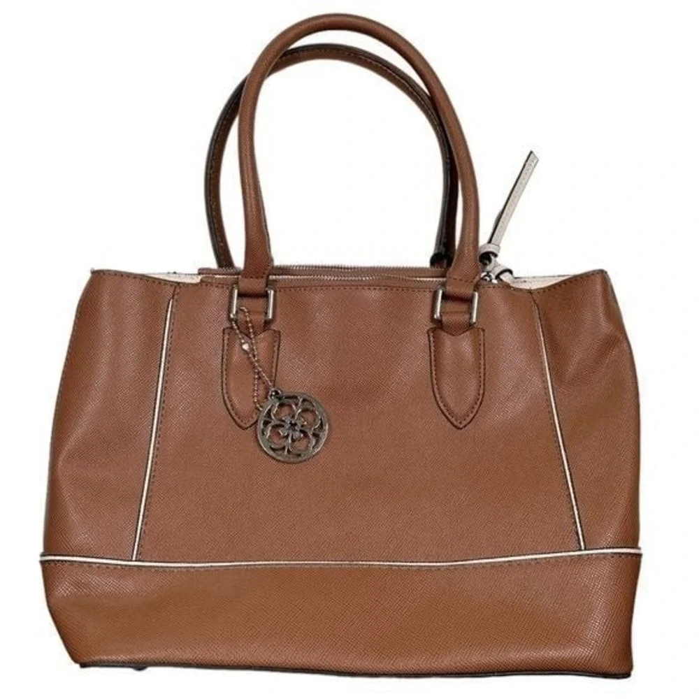 Anne Klein Cognac Brown Textured Faux Leather Satchel Handbag with Cream Trim
